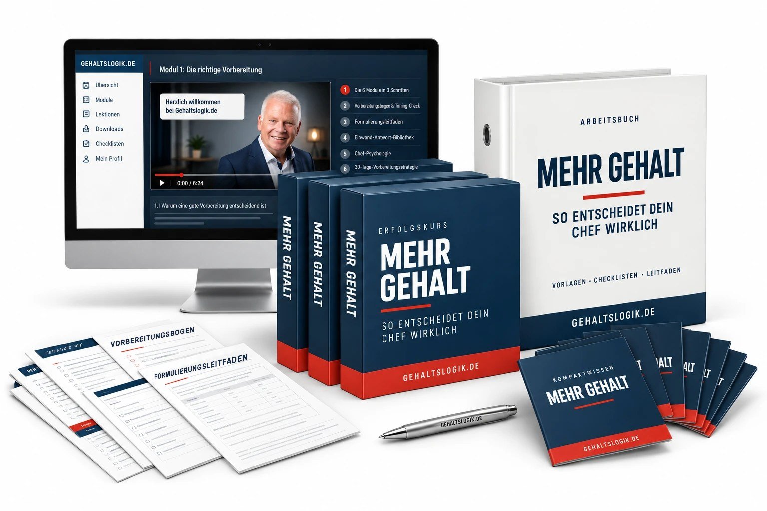 Online-Kurs Mehr Gehalt: Kursbereich am Bildschirm, drei Kursboxen, Arbeitsbuch, Checklisten und Arbeitsblätter